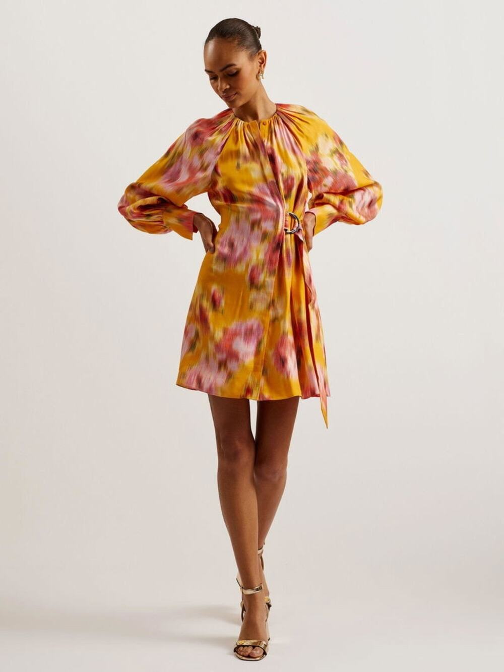 NWT Ted Baker Akemi Blurred Floral Mini Dress Orange Size 4 Wrap Belt